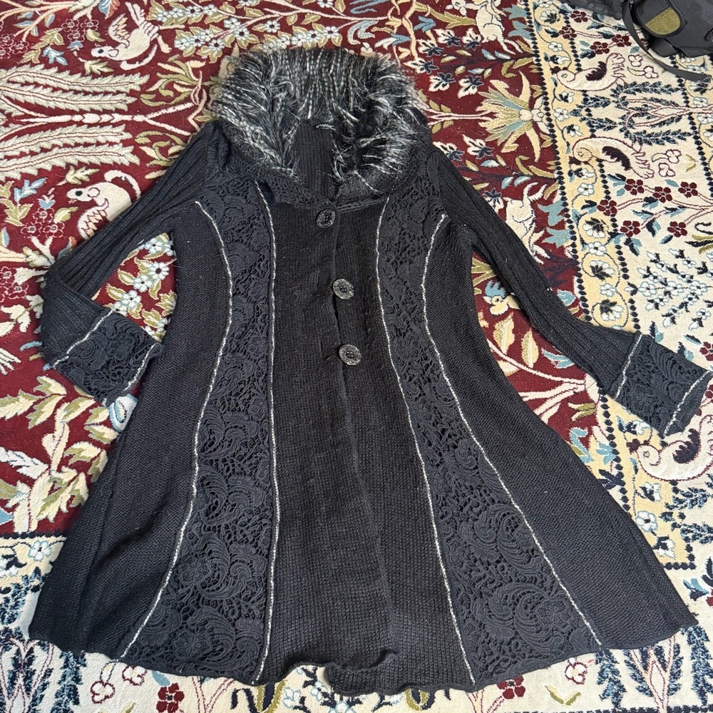 Whimsigoth duster sweater with faux fur trim collar